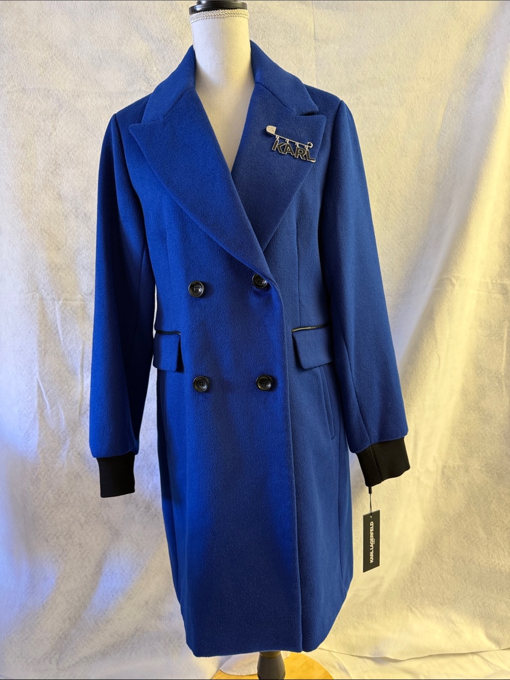 Karl Lagerfeld Double-Breasted Royal Blue Wool Pea Coat